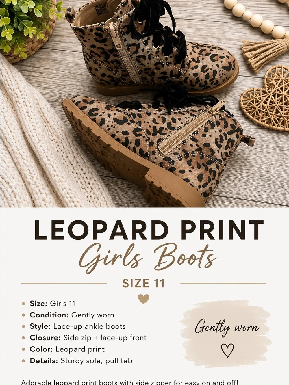 Girls Leopard Print Lace-Up Ankle Boots - Size 11